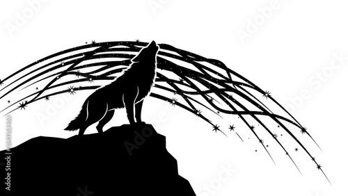 Silhouette of a howling wolf standing on rocky elevation beneath a starry night sky with abstract