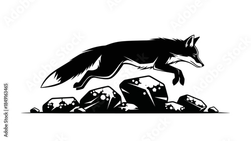 Stylized Illustration of a Clever Fox Stealthily Crossing Rocky Terrain in Monochrome Design