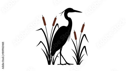 Stylized silhouette of a heron amidst cattails and grass in minimalistic black and white design