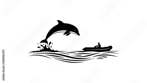 Silhouette of a playful dolphin jumping above the water near a kayaker