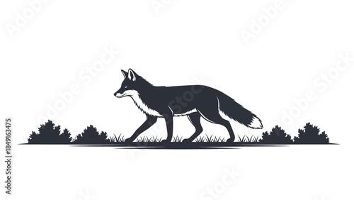Minimalistic Black and White Illustration of a Fox Walking Amid Bushes and Grass