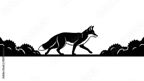 Silhouette Illustration of a Fox Walking Along a Natural Landscape with Bushes and Ground