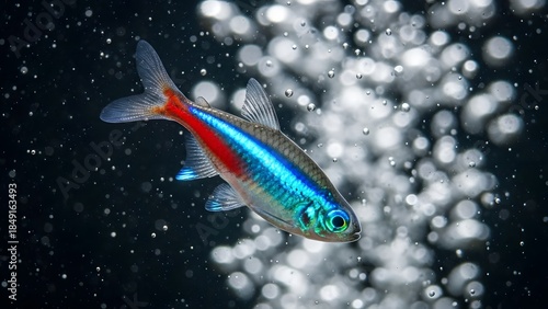 Photos Neon Tetra Fish Swimming in Aquarium Water.