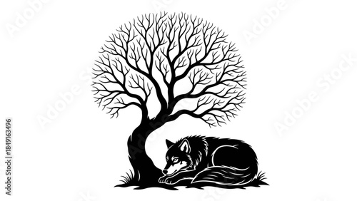Minimalist Black and White Illustration of a Sleeping Fox Beneath a Leafless Tree