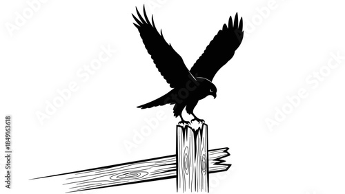 Silhouette of a majestic bird perched atop a weathered wooden post showcasing natural wildlife grace