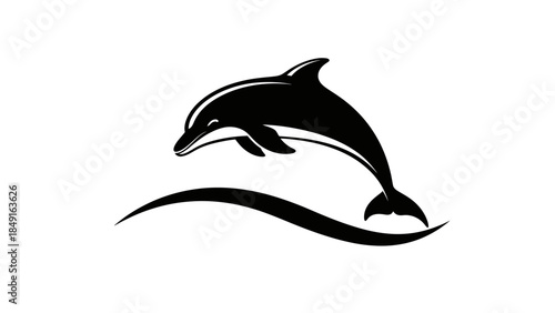 Stylized dolphin jumping over gentle waves in sleek minimalistic black silhouette design