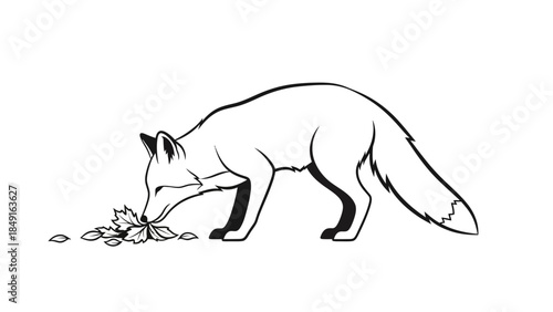 Stylized fox examining leaves with focused curiosity in minimalist line art style