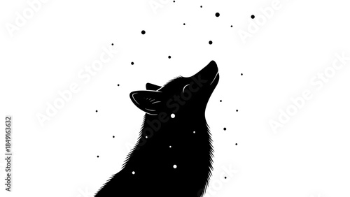 Silhouette of a howling wolf surrounded by falling snowflakes in minimalistic black and white style