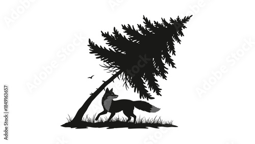 Silhouette of a wolf standing under a bent pine tree beside a small bird in a tranquil natural scene