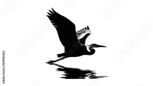 Silhouette of a Heron in Flight Over Water with Reflection in a Minimalist Style