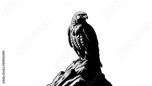 Minimalist black and white illustration of a majestic eagle perched on a rocky outcrop showcasing