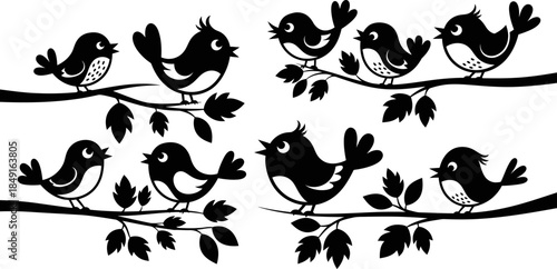 black and white illustration of birds on tree branches with leaves