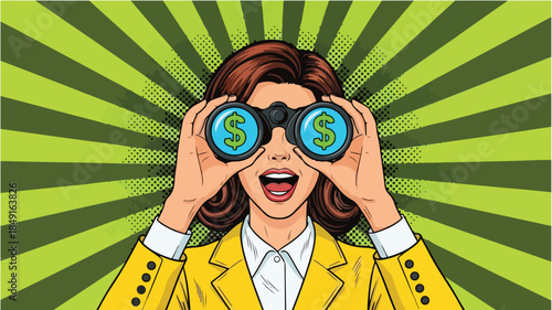 Comic-style illustration of a woman looking through binoculars with dollar signs on the lenses, wearing a yellow blazer and white shirt, against a green sunburst background.