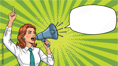 Cartoon illustration of a businesswoman holding a megaphone and pointing upwards with a speech bubble on a green background with sunburst pattern.