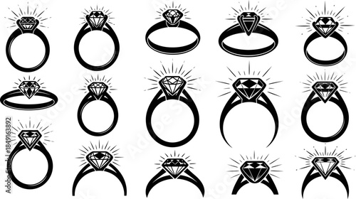 collection of diamond rings in various styles and designs on white background