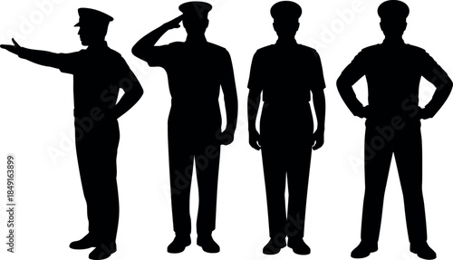 Group of Four Policemen Silhouettes on Transparent Background