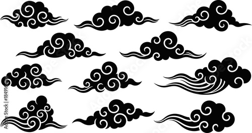 Collection of various swirling Chinese cloud designs on white