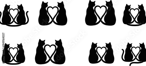 black silhouette cats sitting back to back with heart shape