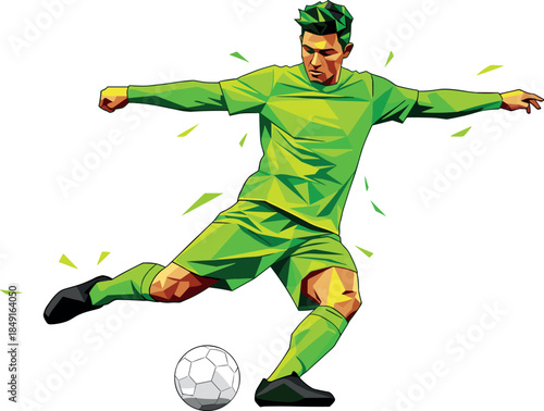Abstract Geometric Illustration Of Professional Soccer Player Kicking Ball, Dynamic Green Polygon Sports Action Isolated On White Background,