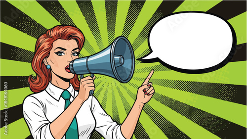Comic-style illustration of a woman holding a megaphone and pointing upwards with a speech bubble against a green sunburst background.
