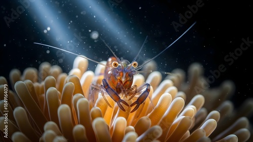 Quadro su tela Shrimp perched on anemone underwater scene.
