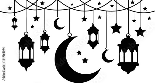 Black silhouette of crescent moon and lanterns hanging from a decorative string with stars