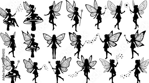Collection of fairy silhouettes with wings and wands in various poses on white background
