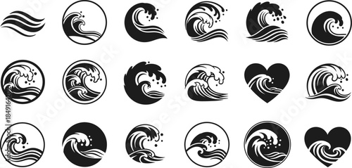 Collection of wave icons in various circular and heart shapes on white background