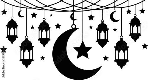 ramadan lanterns and crescent moon with stars on white background
