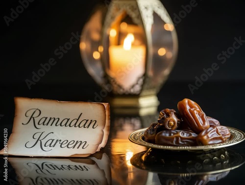 Ramadan Kareem greeting with dates and lantern