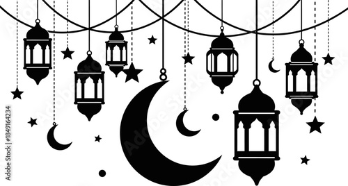 ramadan kareem lanterns and crescent moon hanging on strings with stars