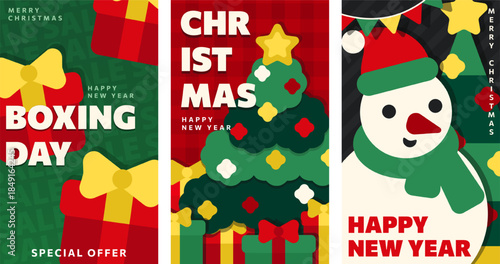 Christmas and New Year 2026 vector banner, card set with flat illustrations: Boxing Day gifts, decorated Xmas tree, snowman. Vertical posters for holiday greetings, sales designs, social media, print