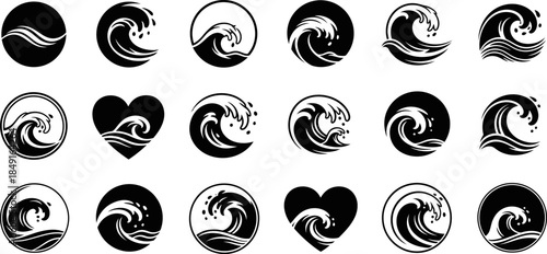 Black and white wave icons in various shapes and styles on white background