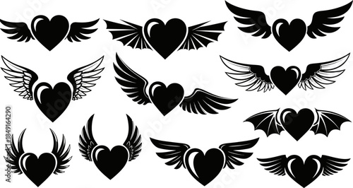 heart shapes with wings in black color