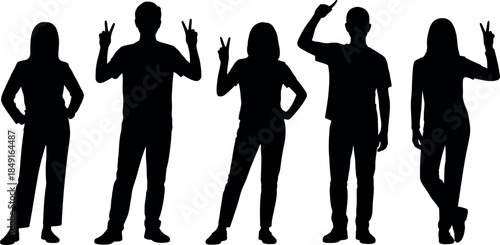 set of five people silhouettes making gestures
