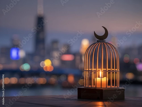 Serene urban scene with candlelit lantern and crescent moon decoration
