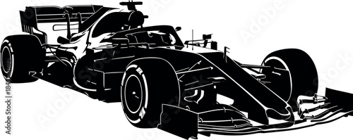 Black and white Formula 1 racing car silhouette for motor sports competition speed automotive engineering and professional transportation design