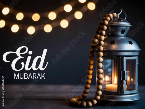 Eid Mubarak lantern with warm lights and prayer beads