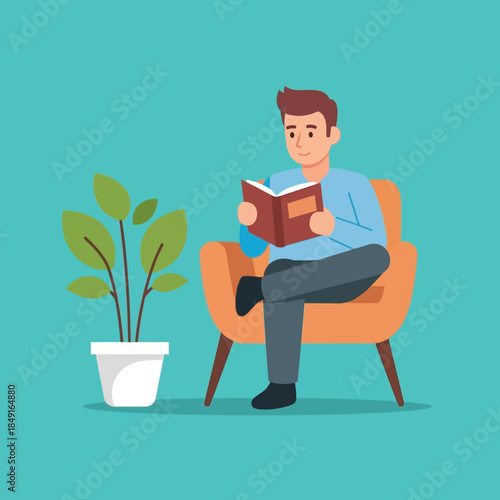 A man sitting in an armchair reading a book with a potted plant beside him.
