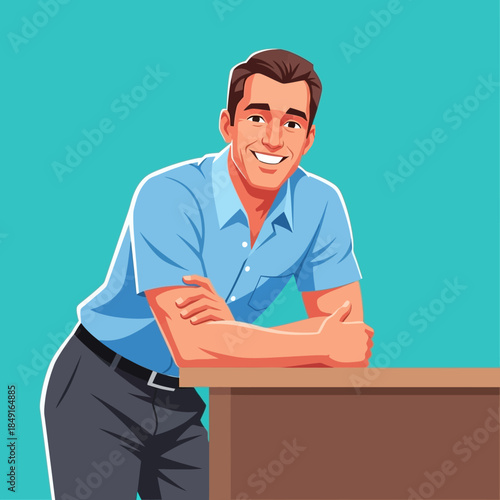 A friendly cartoon man in a blue shirt smiling and leaning on a table with crossed arms against a teal background.
