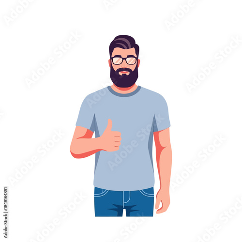 A cartoon illustration of a bearded man with glasses giving a thumbs-up gesture, wearing a light blue t-shirt and blue jeans.