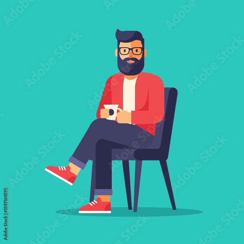 Flat design illustration of a bearded man with glasses sitting on a chair holding a coffee mug.