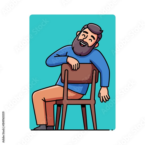 A happy bearded cartoon man sitting backward on a chair, smiling cheerfully.