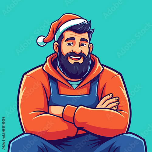 A cartoon illustration of a smiling bearded man wearing a Santa hat, orange hoodie, and blue overalls with crossed arms.