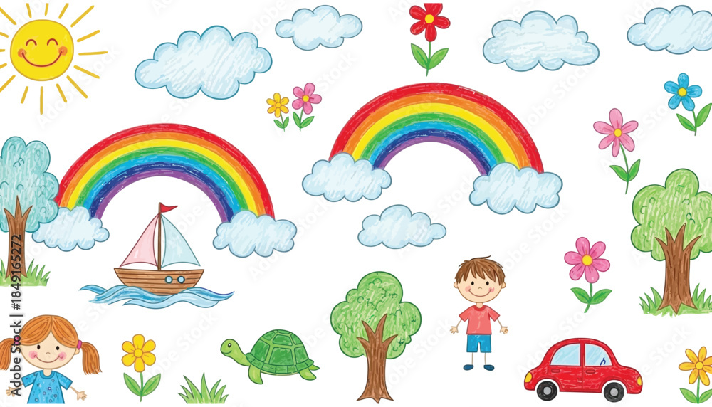 Naklejka premium Whimsical illustration of children in a vibrant nature scene with rainbows and flowers