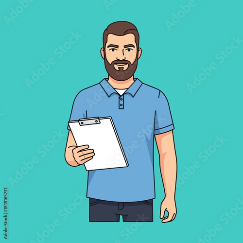 A cartoon man with a beard wearing a blue polo shirt holding a clipboard, standing against a teal background.