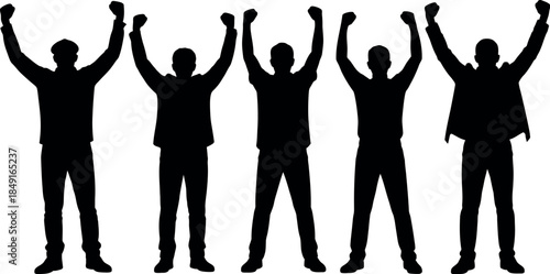 silhouette of people celebrating with arms raised in triumph