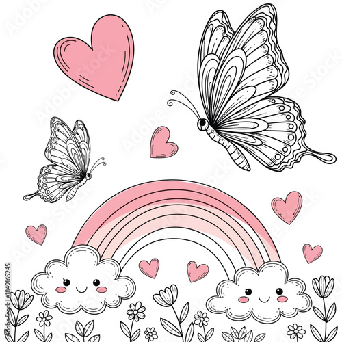 Whimsical illustration of butterflies rainbow hearts and clouds in a garden