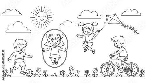 Children s outdoor activities on a sunny day with clouds
