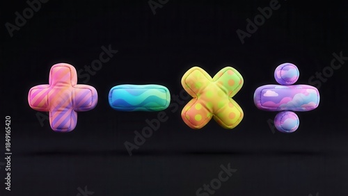 Colorful abstract shapes float in a dark environment with vibrant patterns.